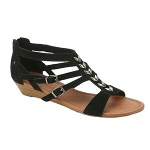Minnetonka Strappy Leather Suede Studded Chevron Tropez Wedge Sandals